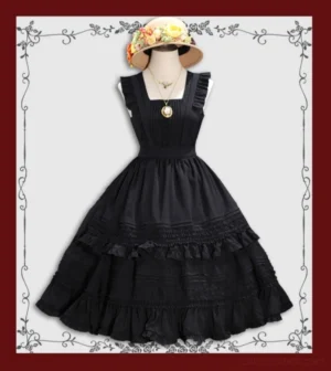 Black sleeveless Lolita JSK dress with square neckline ruffled shoulder straps and double-tiered ruffles flat lay view