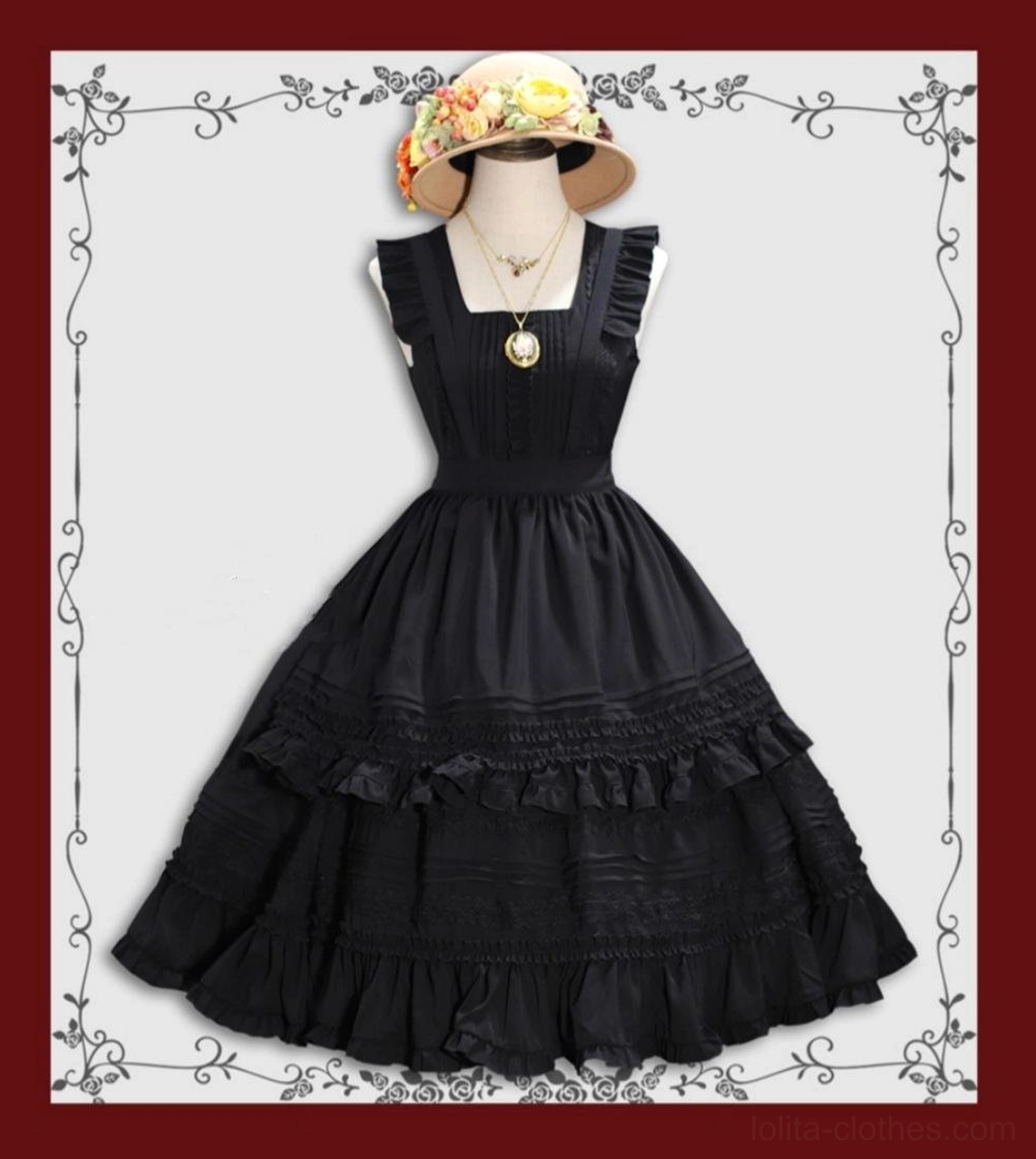 Black sleeveless Lolita JSK dress with square neckline ruffled shoulder straps and double-tiered ruffles flat lay view