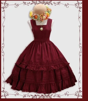 Burgundy classic Lolita JSK dress with pintuck bodice and layered ruffled skirt on mannequin display front view