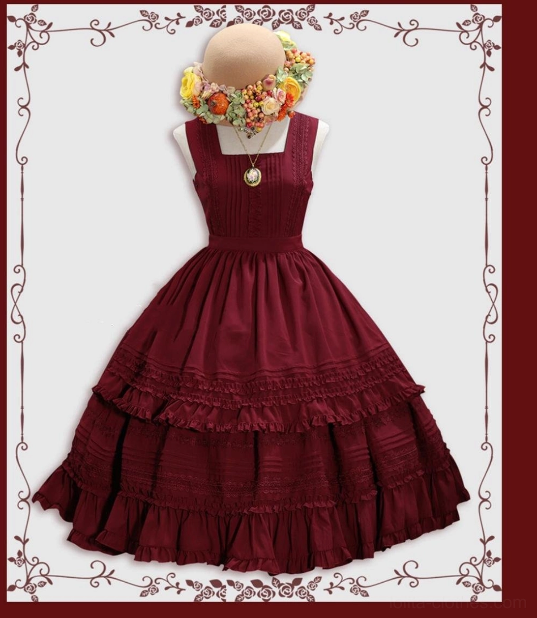 Burgundy classic Lolita JSK dress with pintuck bodice and layered ruffled skirt on mannequin display front view