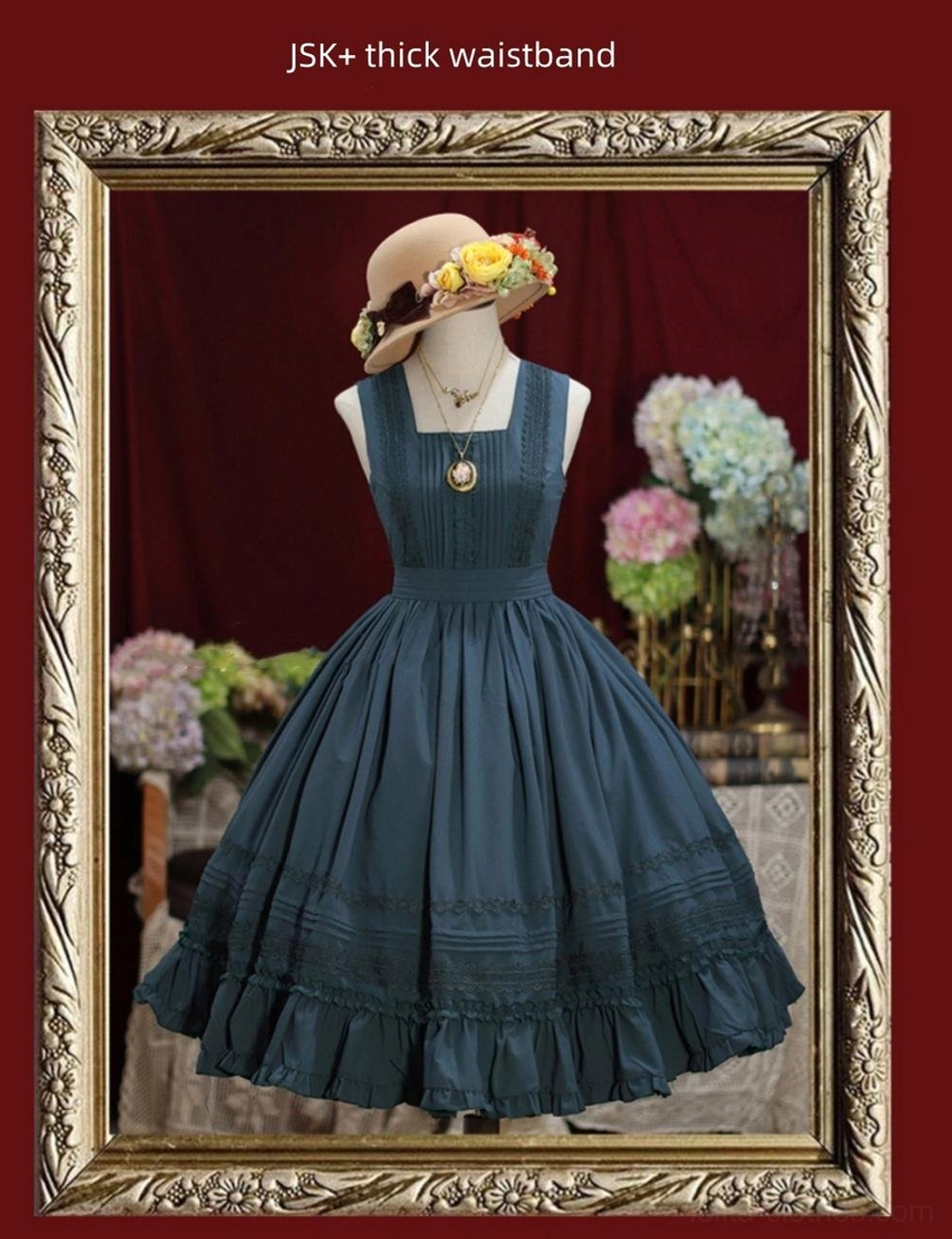 Classic Lolita dress with included waist belt showing how to style front or back bow positioning options