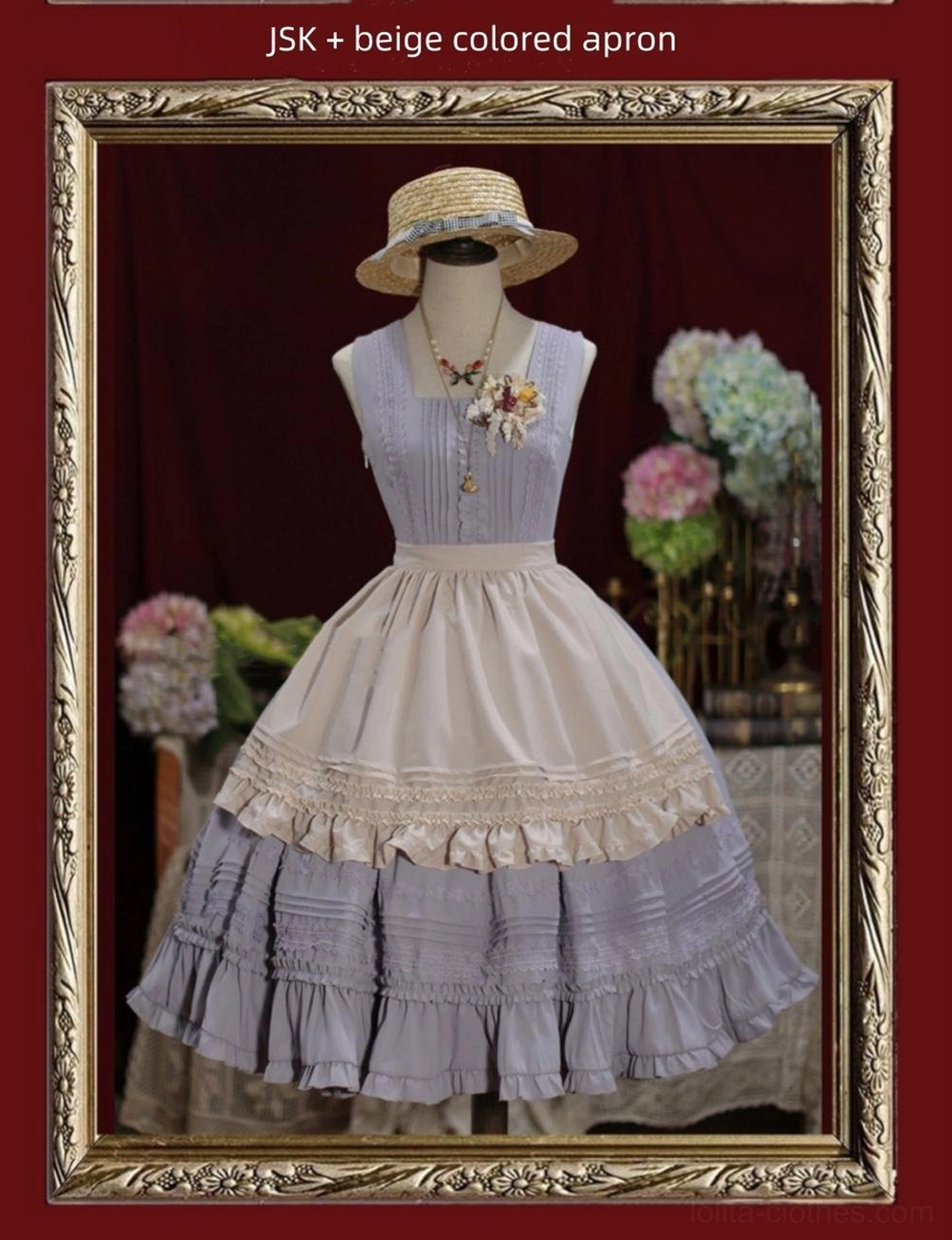Classic Lolita jumper skirt showcasing square neckline and pintuck bodice design elements detail view