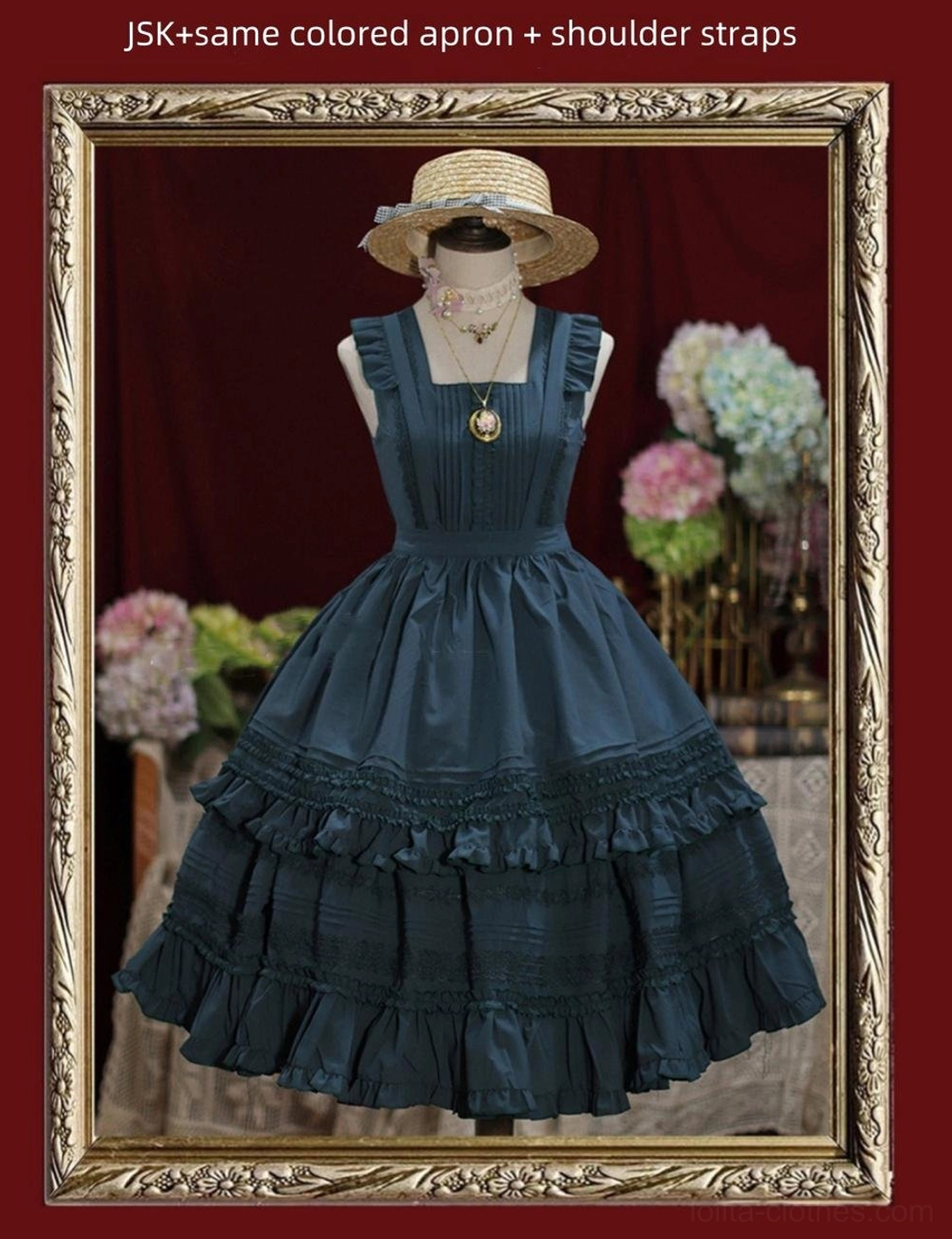 Dark teal Lolita JSK dress with ruffled shoulder straps matching apron straw boater hat and gold pendant necklace