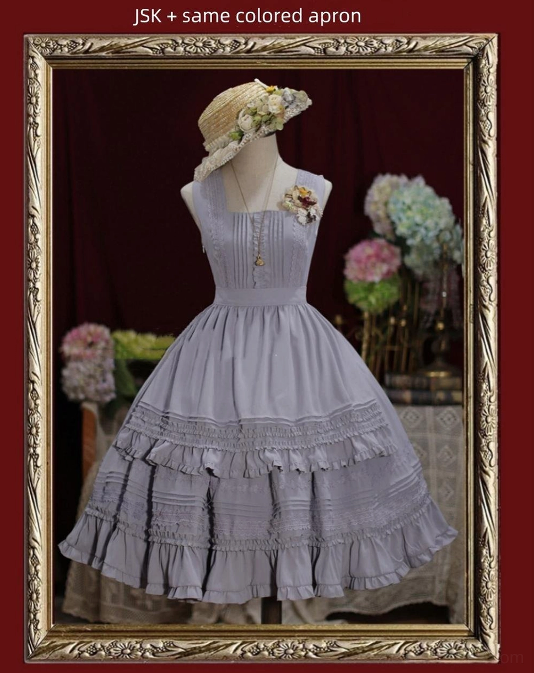 Lavender Lolita JSK dress with matching colored apron square neckline and flower decorated straw boater hat display
