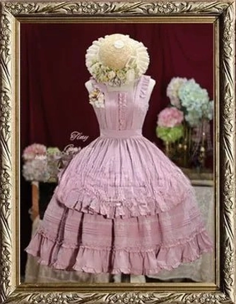 Light pink sleeveless Lolita JSK dress with square neck ruffled trim double-tiered ruffled skirt with flower wreath