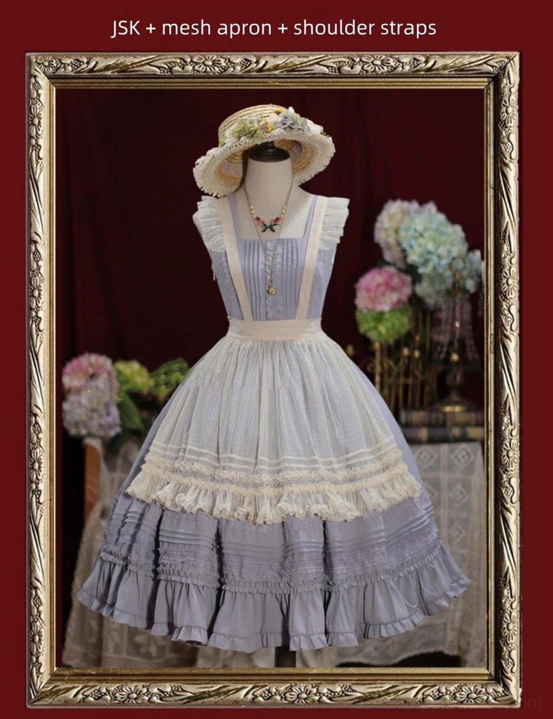 Nocturne Reminiscence Lolita dress complete coordinate featuring JSK apron overlay accessories styling