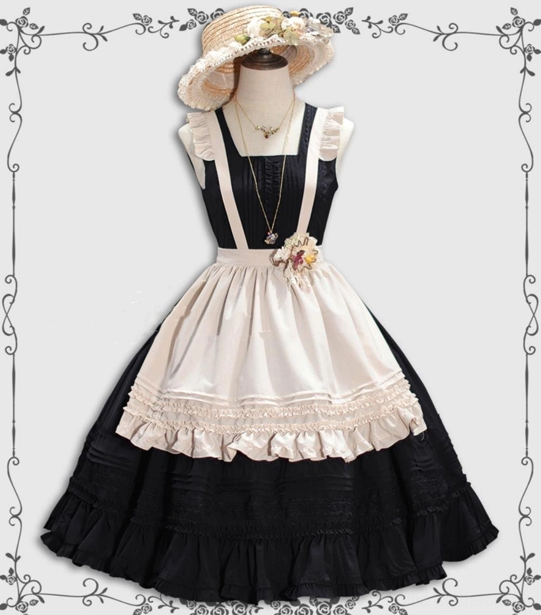 Lolita JSK dress and apron coordinating set showing how to combine pieces for complete vintage-inspired look
