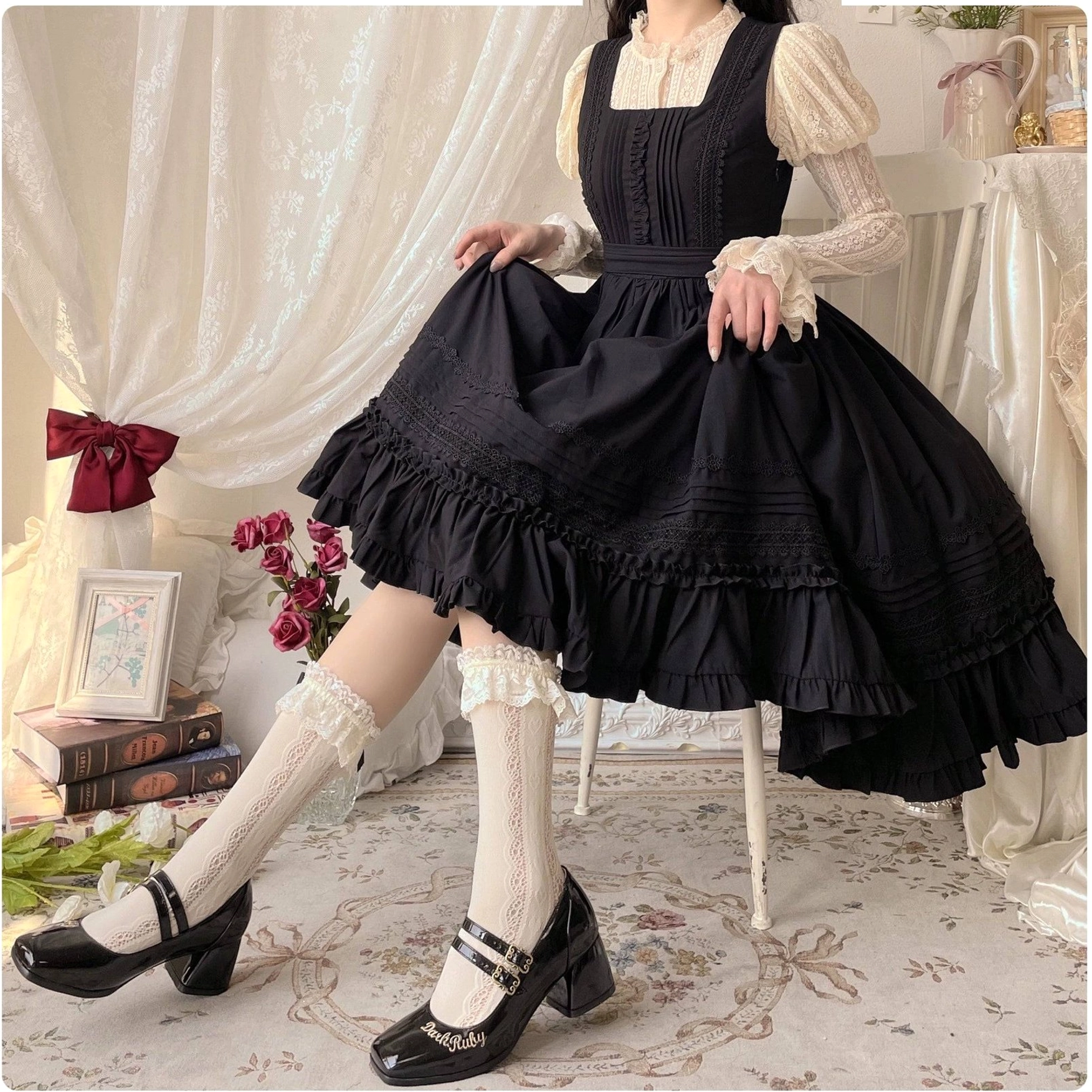 Nocturne Reminiscence Lolita JSK dress detail view showing pintuck bodice construction and ruffled skirt layering