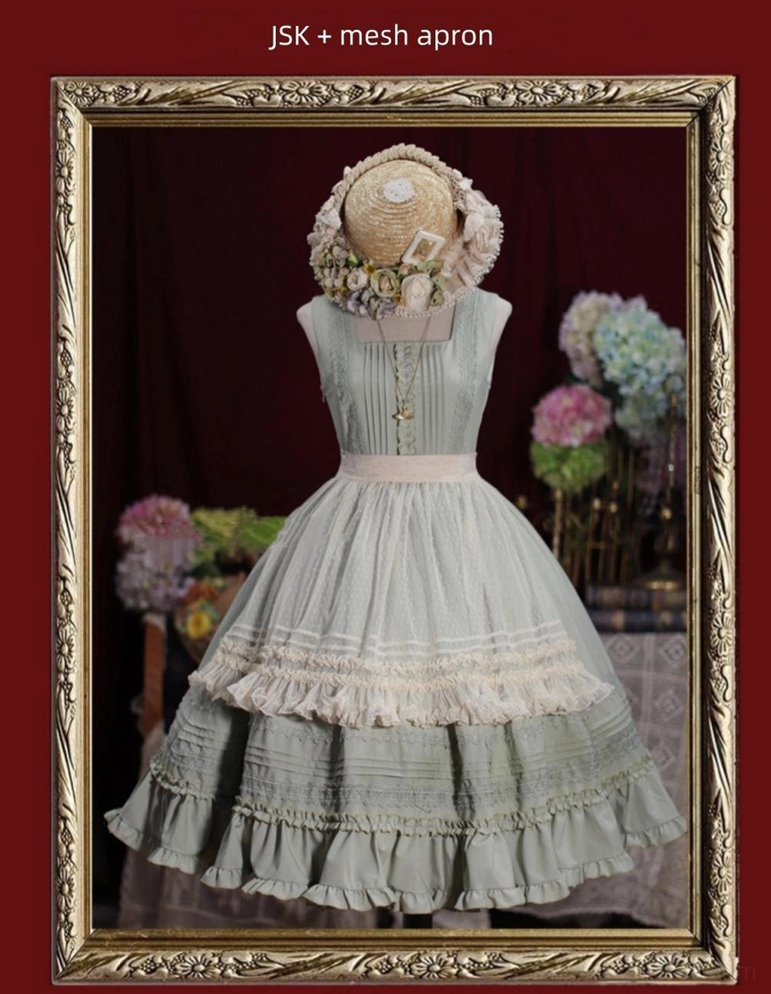 Nocturne Reminiscence Lolita JSK dress showing polyester fabric quality and ruffled construction details