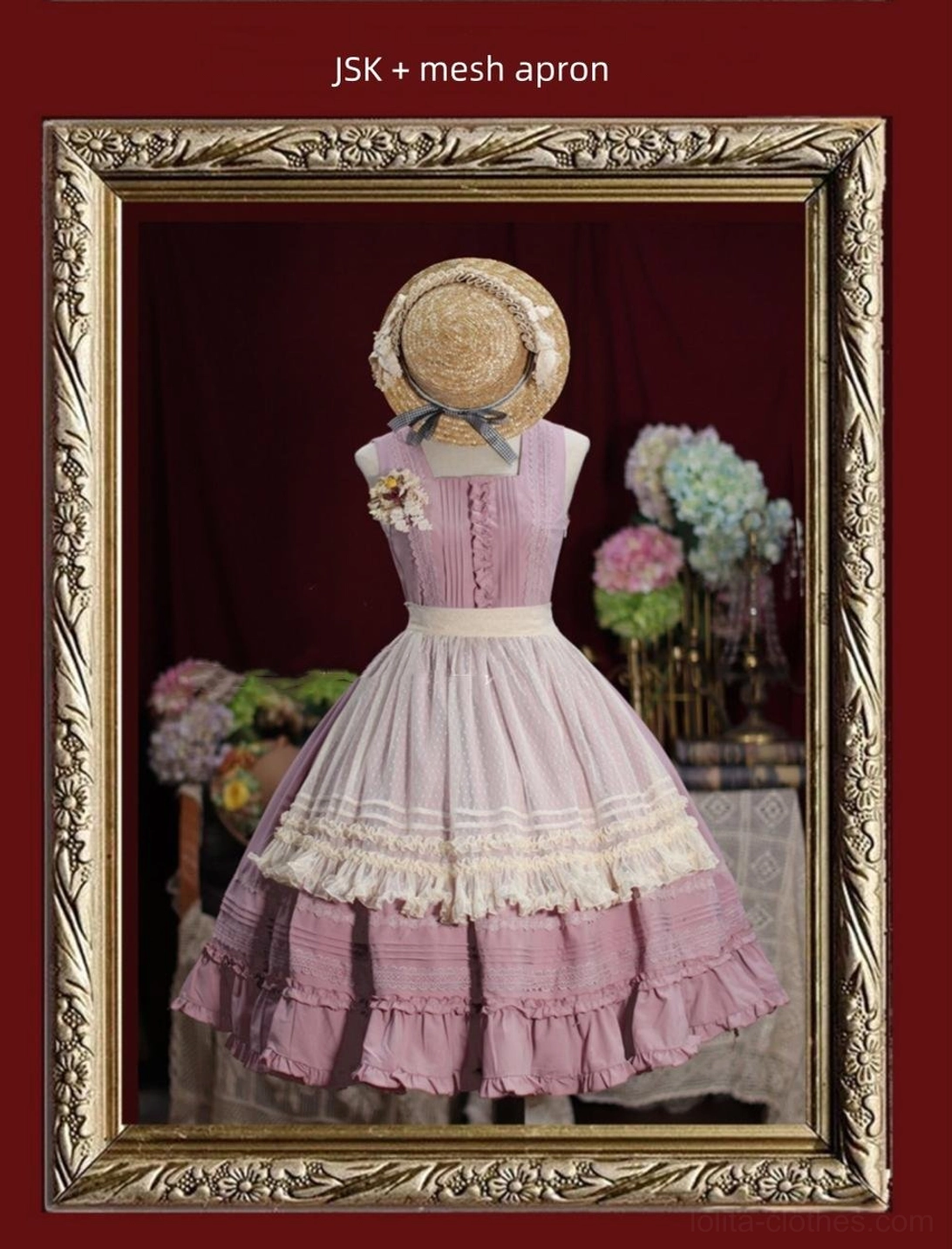 Matcha green Lolita apron overlay for Nocturne Reminiscence JSK dress front display view with shoulder straps