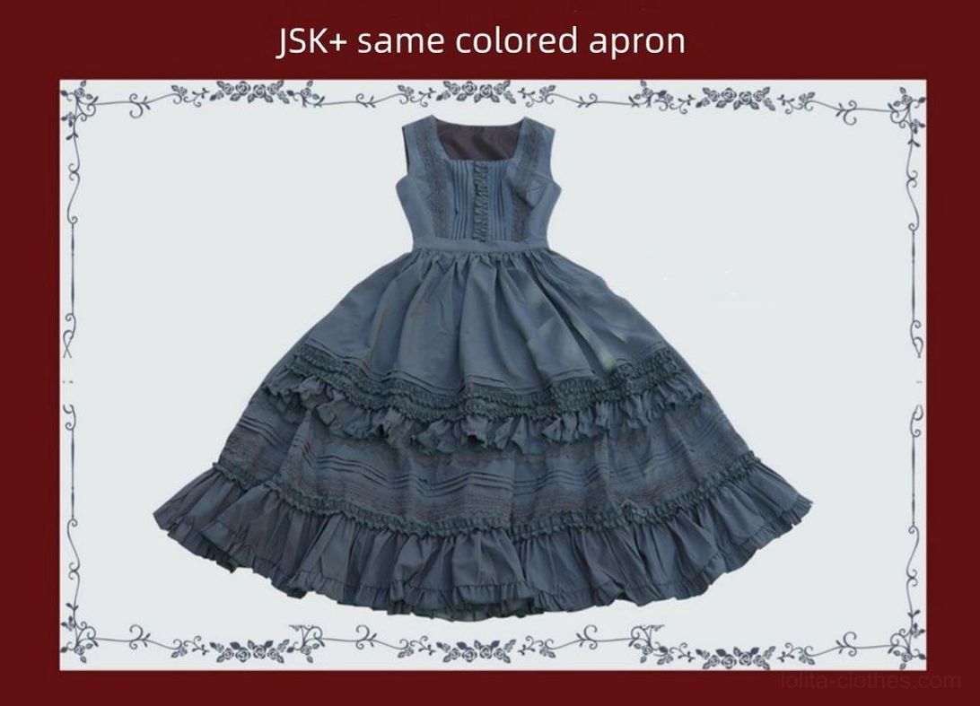 Navy blue sleeveless Lolita JSK dress with square neckline pintuck bust and double ruffled tiered skirt flat view
