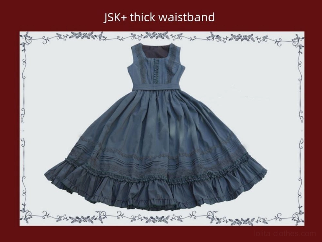 Navy blue Lolita JSK dress with thick cinched waist panel and tiered ruffled skirt front flat display view