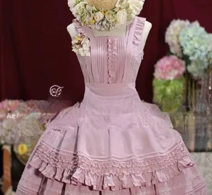 Pink Lolita apron overlay for Nocturne Reminiscence JSK dress front view detachable shoulder straps