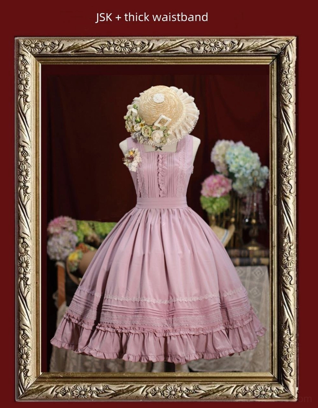 Pink Lolita apron overlay with ruffled edge design and removable shoulder straps wearable options detail