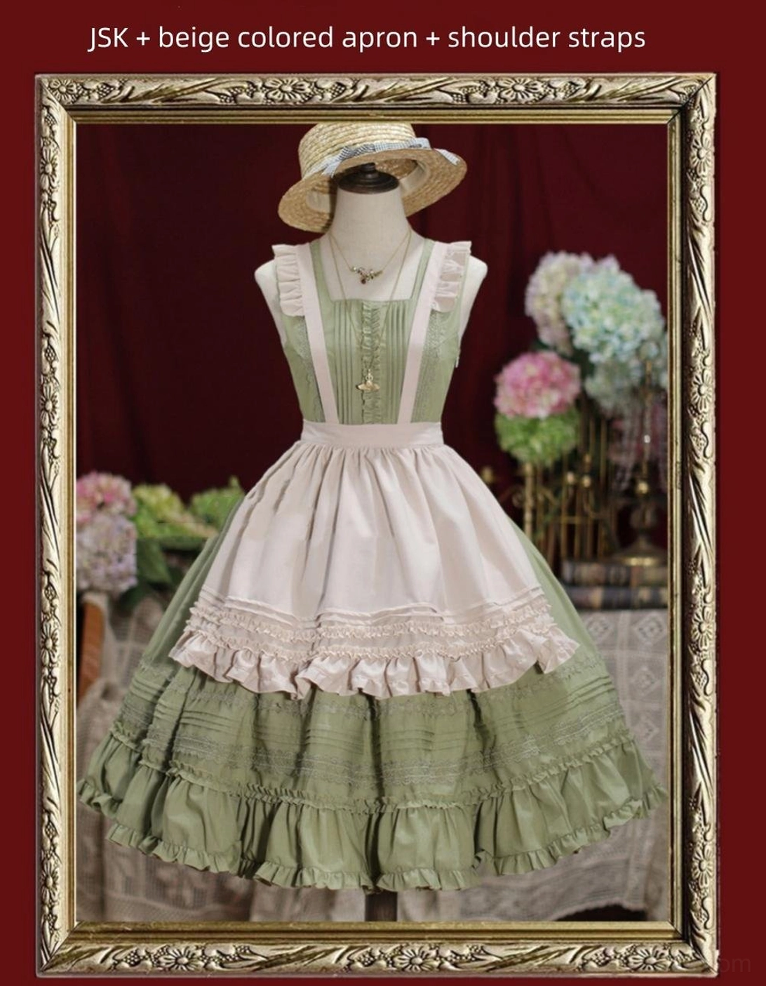 Sage green Lolita JSK dress with white ruffled apron overlay straw boater hat and vintage floral background display