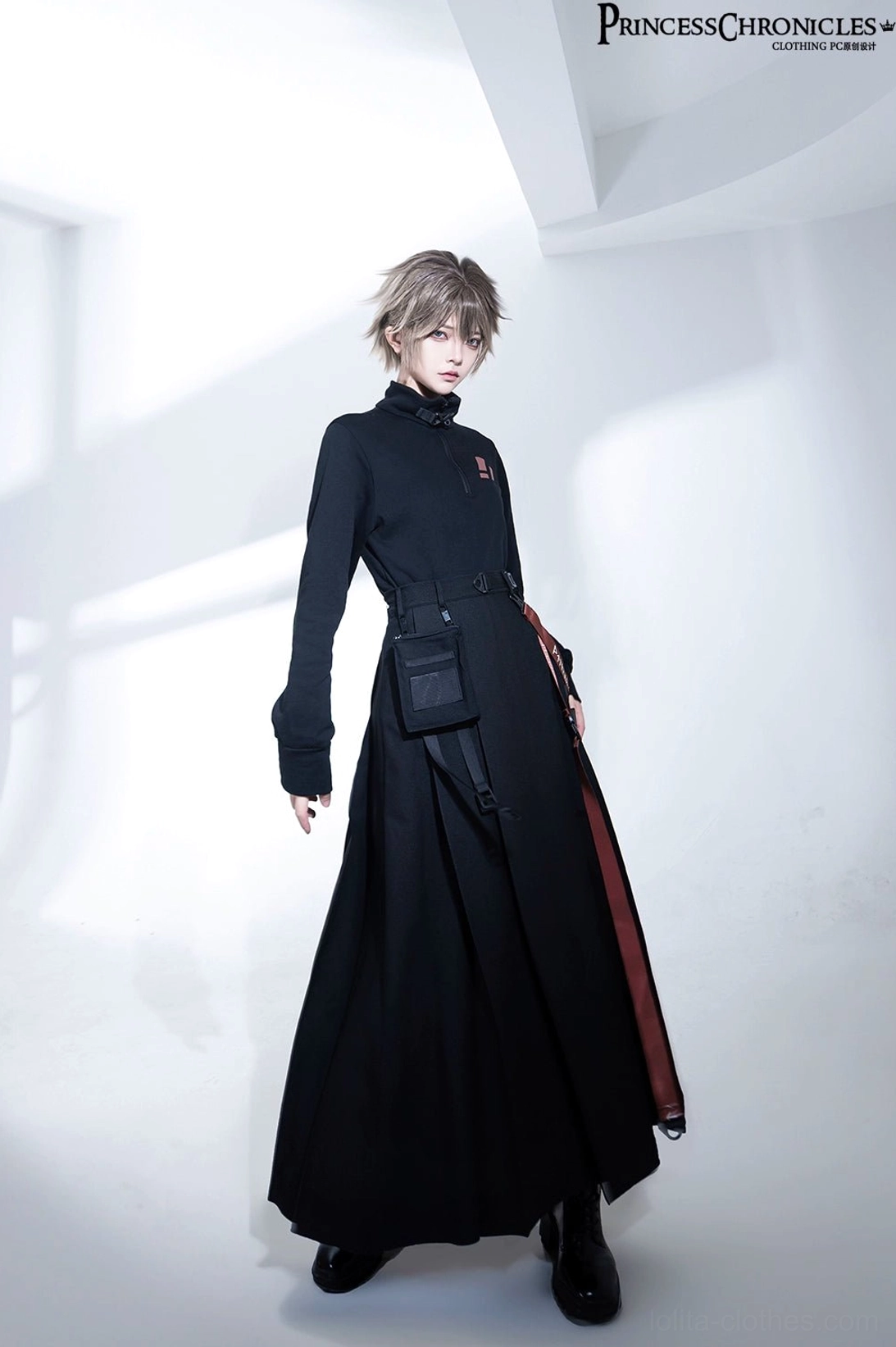 Noir techwear ensemble full-length view highlighting A-line silhouette and aristocratic structure