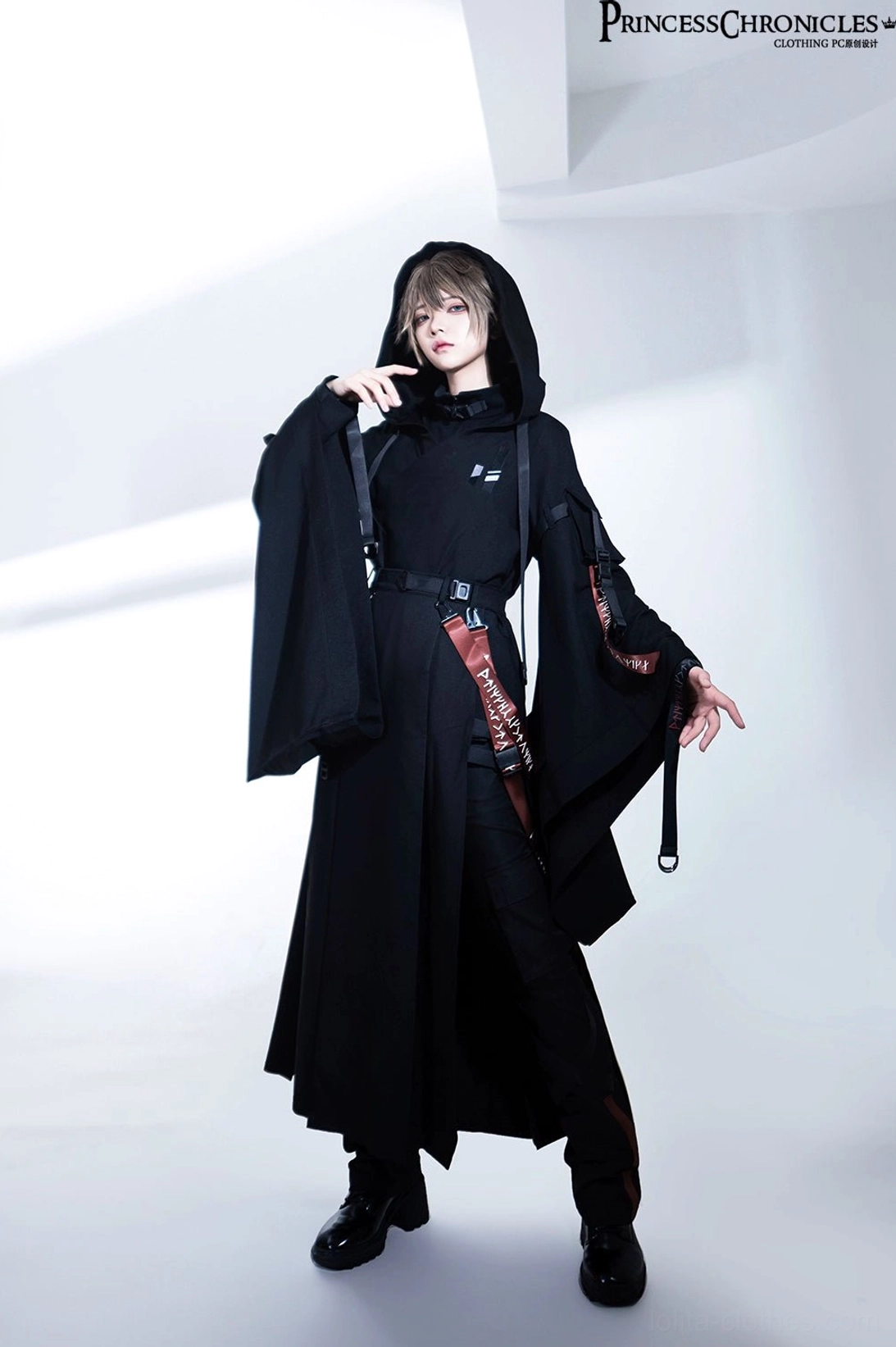 Noir techwear skirt utility waist pouch and red satin ribbon decoration styling