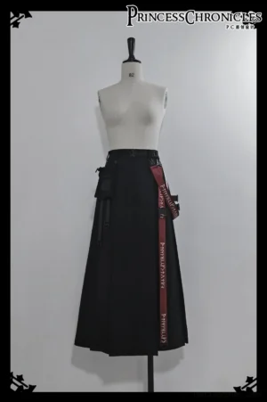 Noir utility A-line techwear skirt with integrated inner shorts front view on dress form studio display
