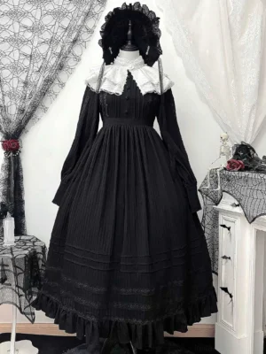 Nun-inspired gothic lolita dress flat lay mannequin display with black bonnet and high neck white lace overlay detail
