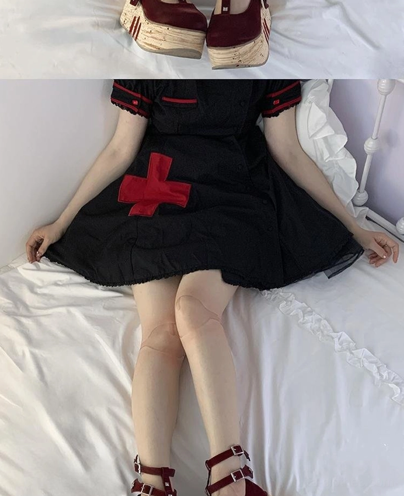 Nurse Lolita dress joint printed stockings white bedding side view lying down