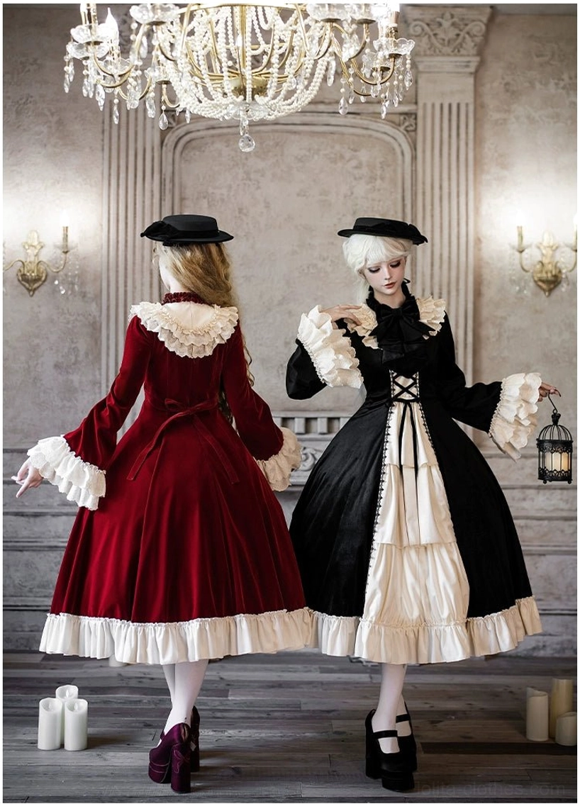 Lolita OP dresses back view double models A-line long skirt ruffled hem matching back waist design vintage room setting