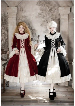The Nutcracker winter classic lolita OP dress front opening full-body view two models vintage European indoor setting color variants