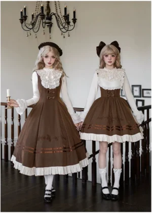 Oak Melody classic lolita JSK dress with violin embroidery modeled in full outfit ensemble featuring two blonde models on vintage staircase