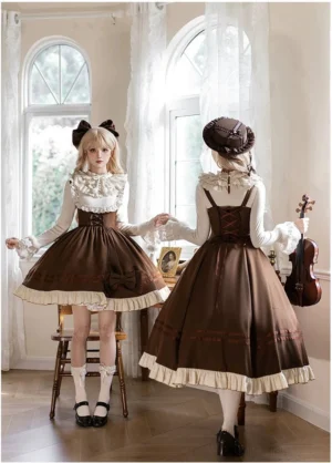 Front and back view of oak melody lolita jumper skirt dress with lace-up corset bodice and cream ruffled trim details