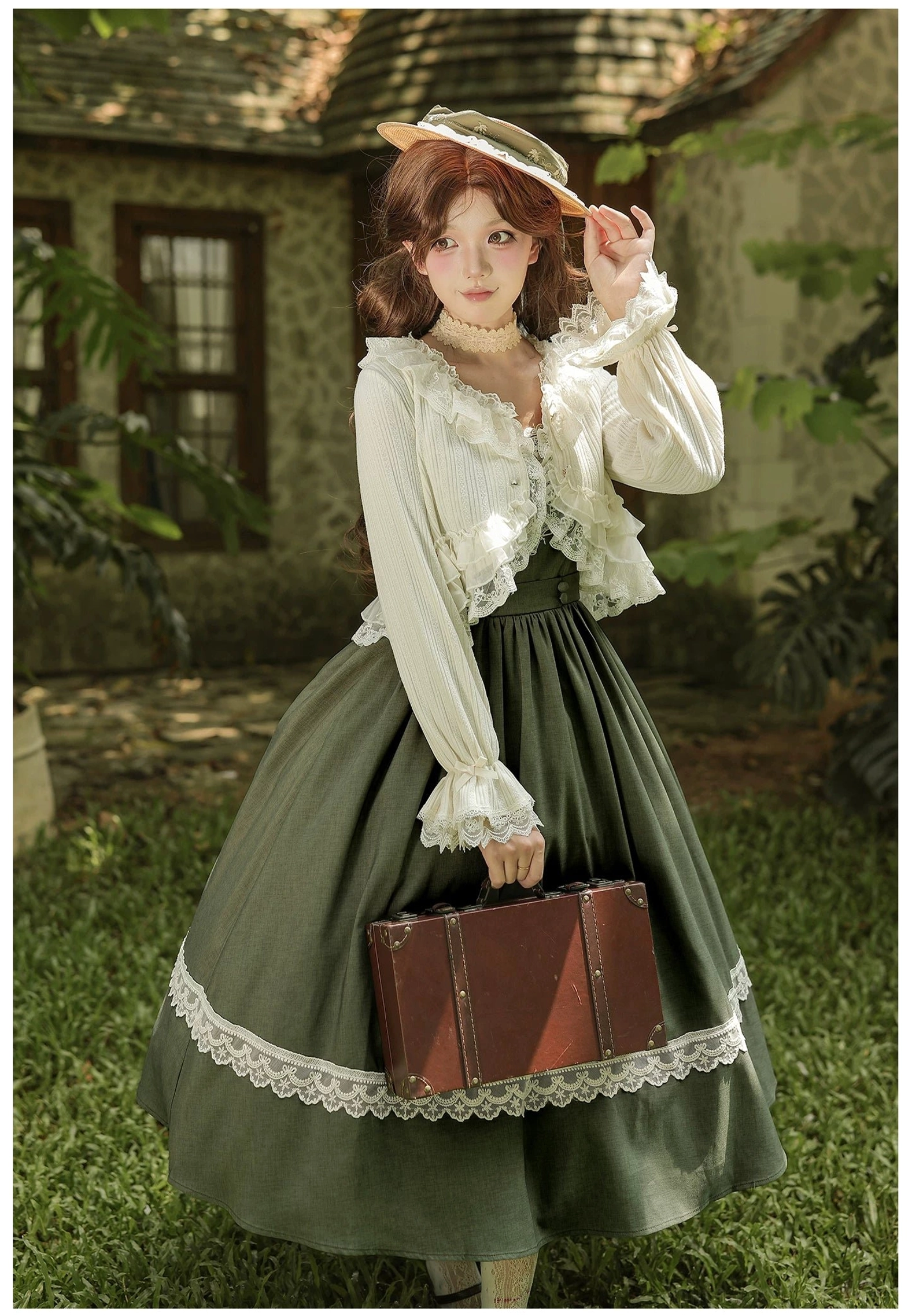 Blouse component styling options showing how oak in the wind double-layer lace collar blouse coordinates with multiple skirt variations and wardrobe pieces