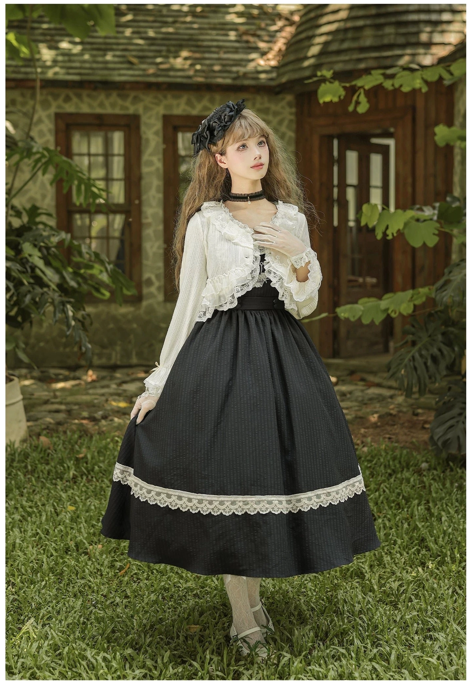 Lolita blouse cotton four-way stretch fabric detail showing breathable weave, natural texture, and elasticity for comfortable daily wear styling options