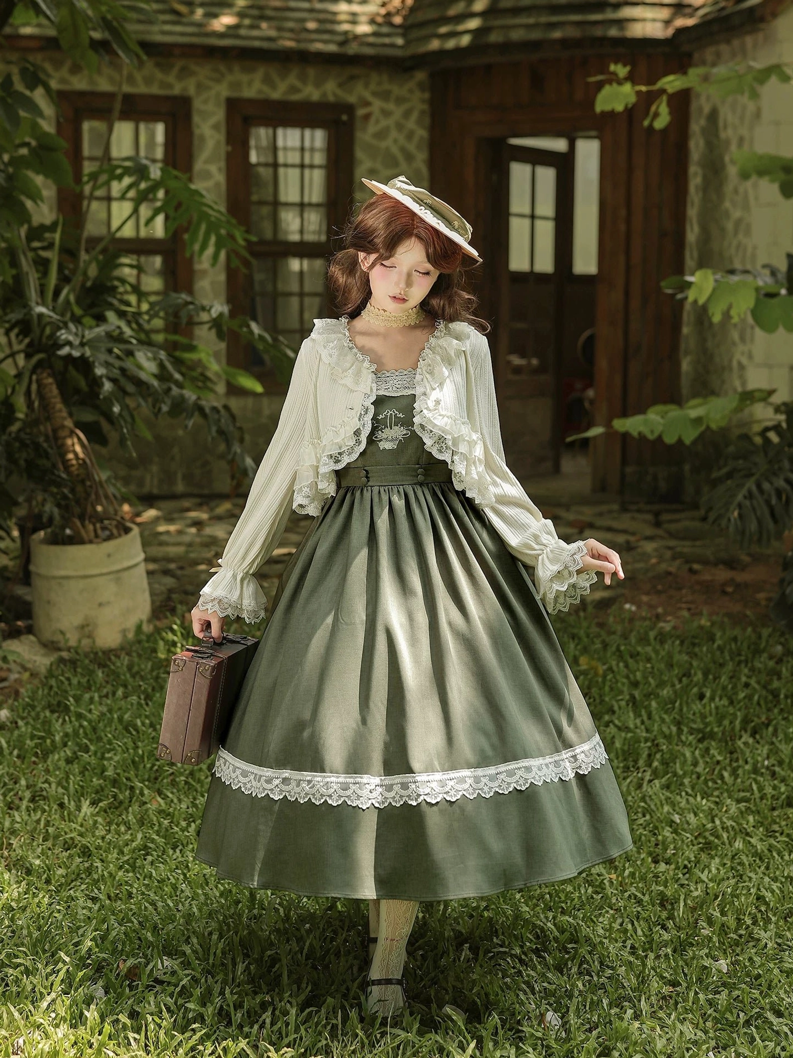 Botanical romance coordination showing how to style oak in the wind lolita ensemble with vintage brooches, parasol accessories, and floral headpieces
