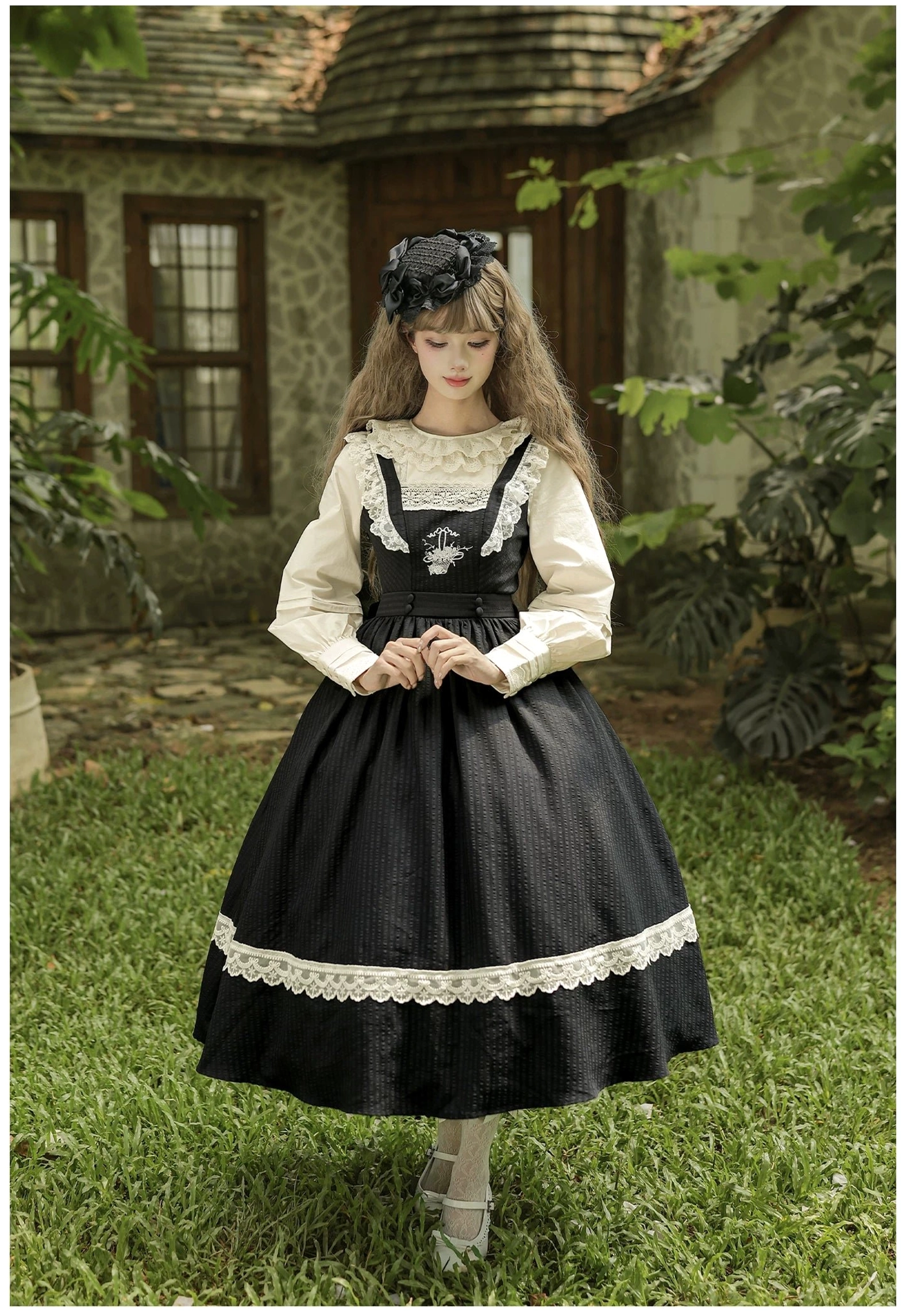 Beige lolita cardigan knitted fabric construction showing soft touchable material texture with drape and layered lace trim details