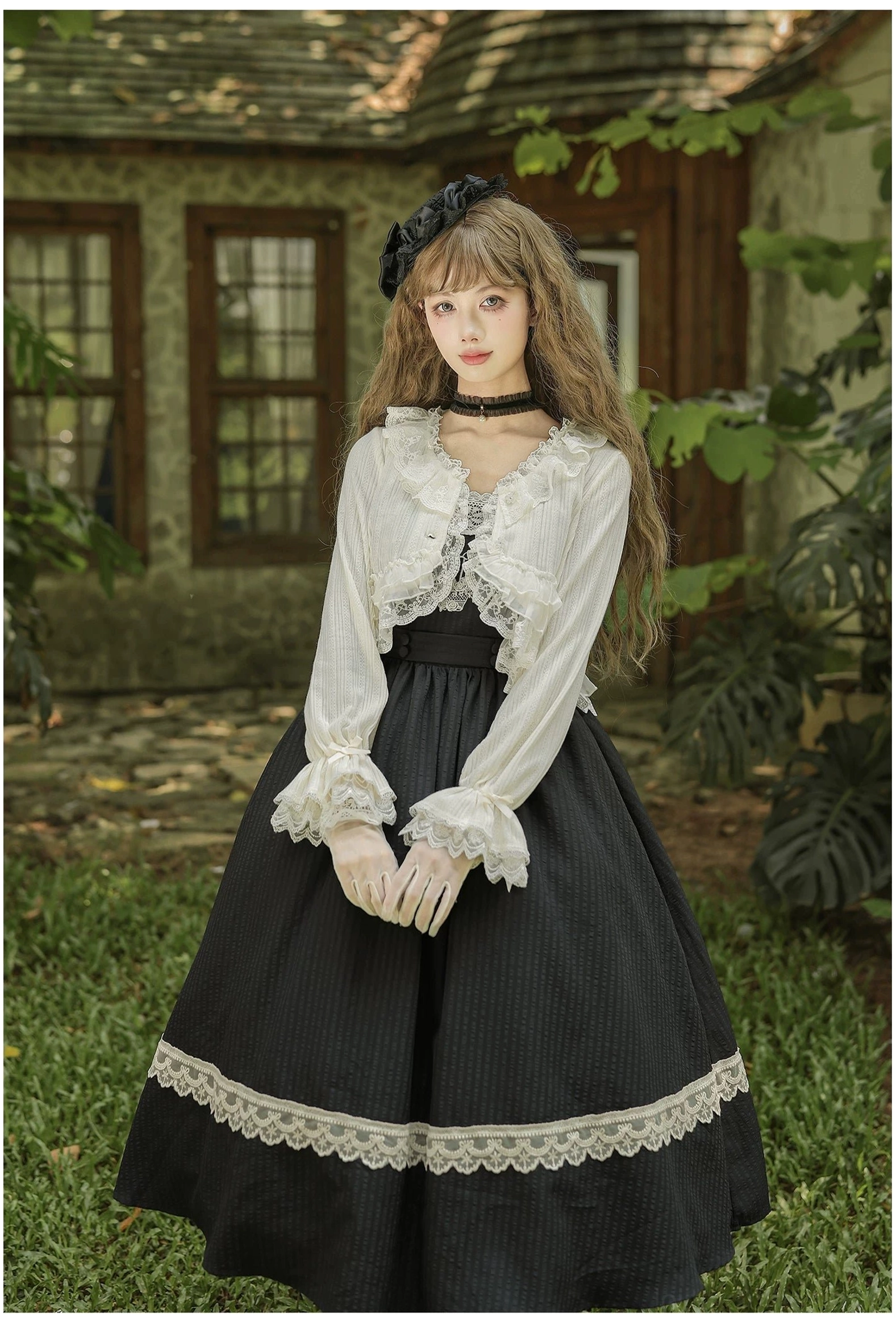 Four-way stretch lining detail of classic lolita JSK showing comfort engineering and flexible material for all-day wearability and movement