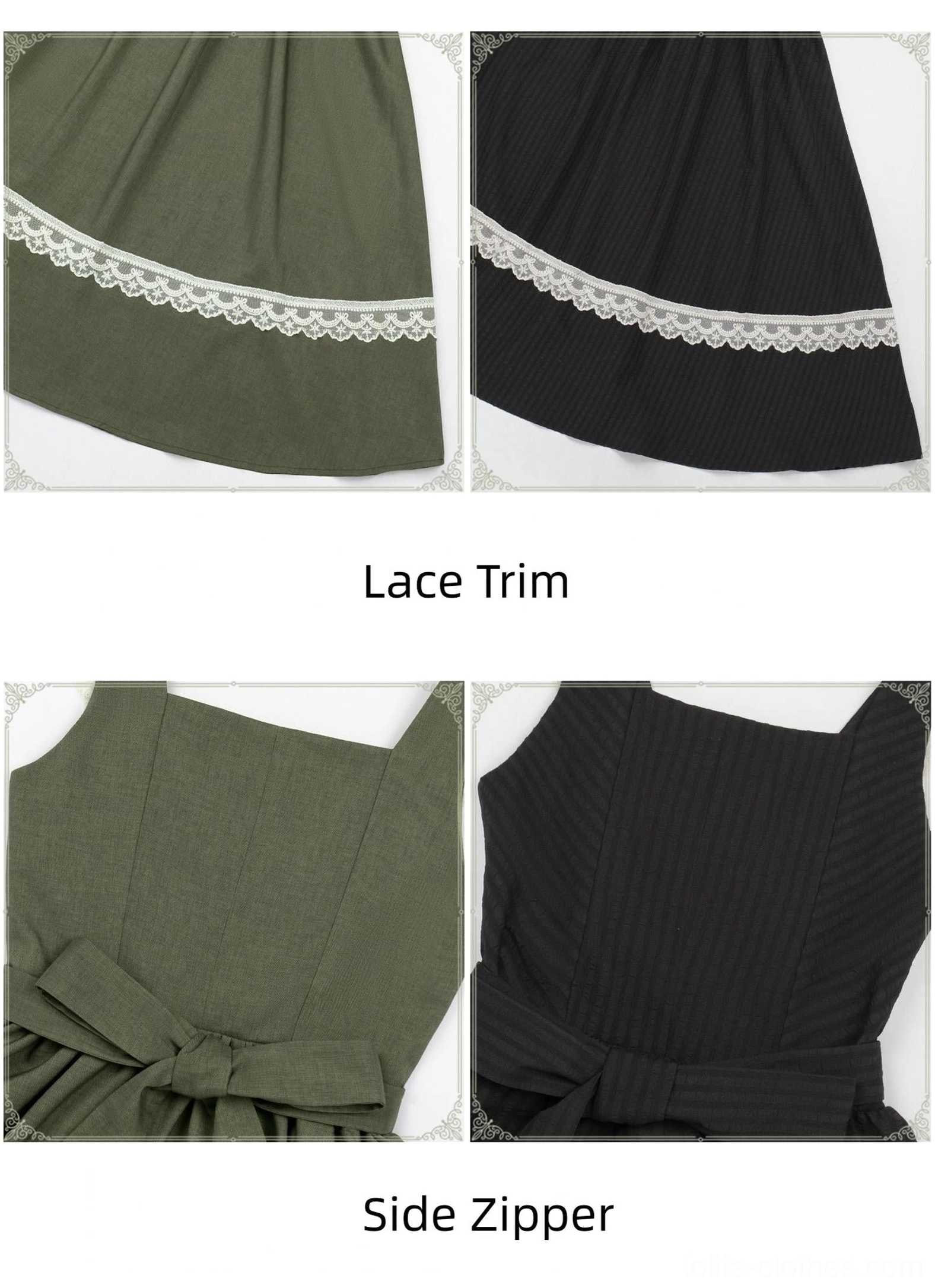 Close-up flat lay shots of skirt trim and back waist details on sage green and black JSK variants showing scalloped white lace hem, detachable back waist bow sash, and woven fabric texture