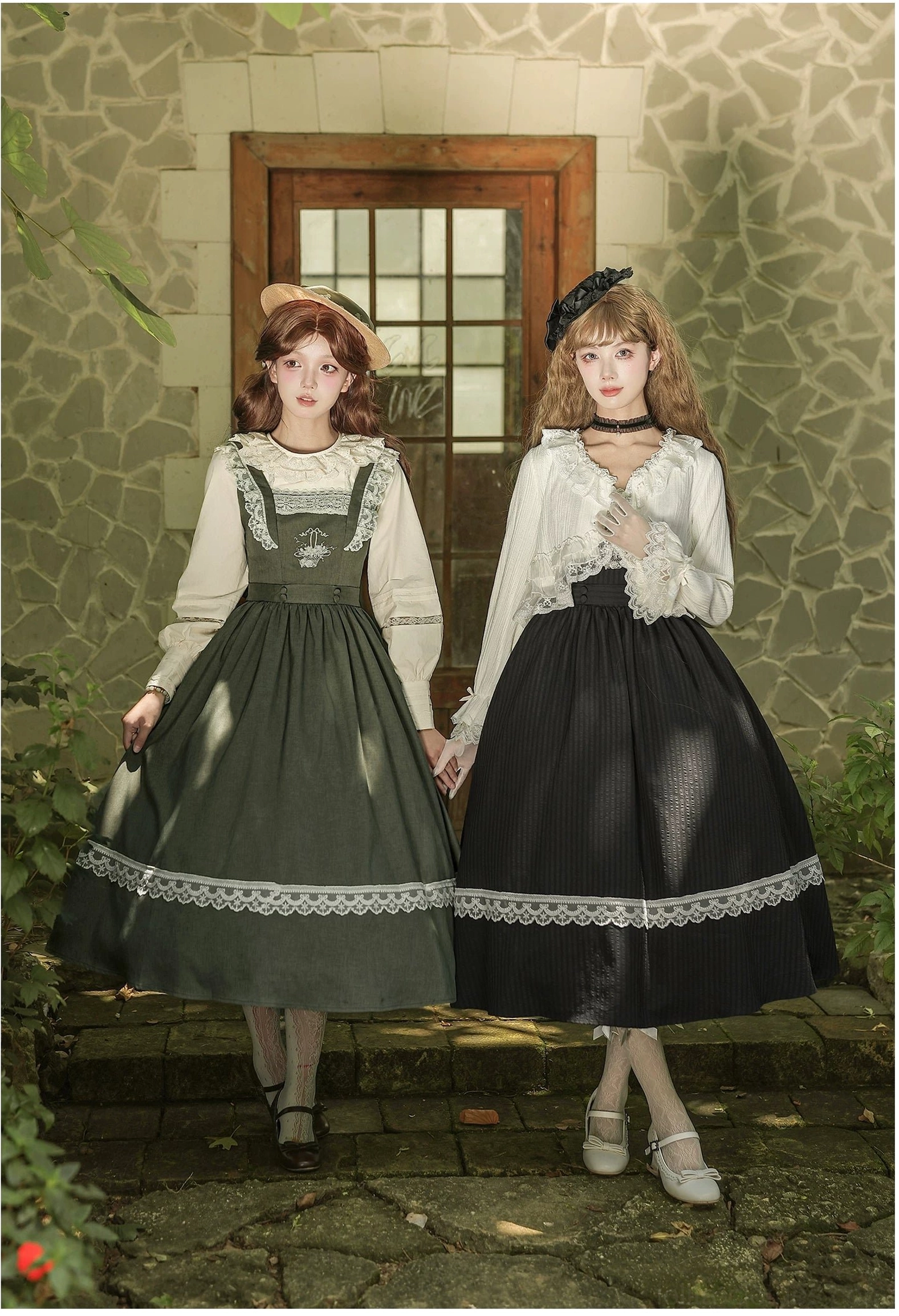 Oak in the Wind classic lolita ensemble showing cardigan styling options with flower-shaped button closures and layered lace ruffle trim in soft beige color