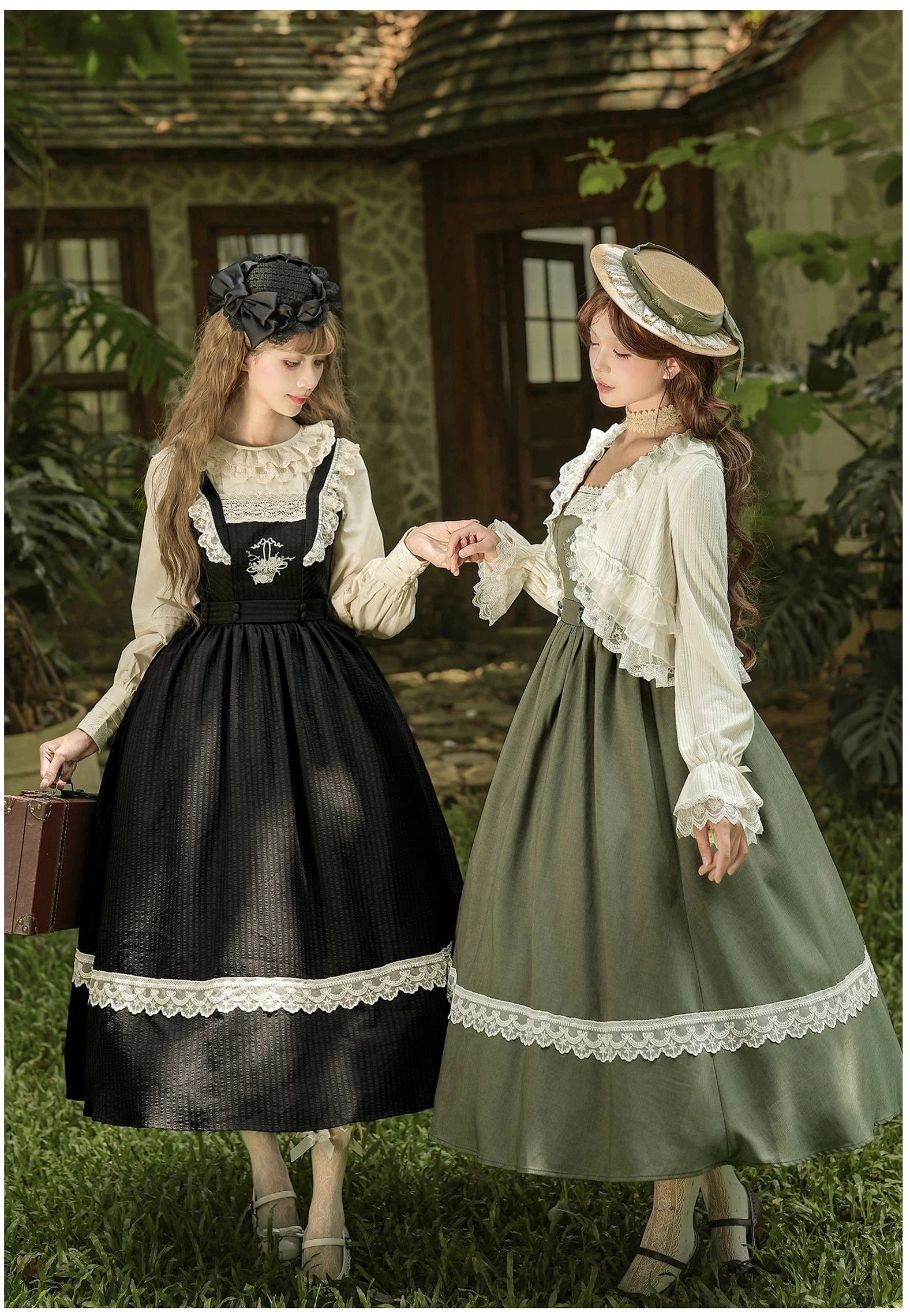 Lolita blouse component featuring double-layer lace ruffle round collar, back button closure detail, and lace cuffs in neutral tone coordinating with both sage and black JSK variants