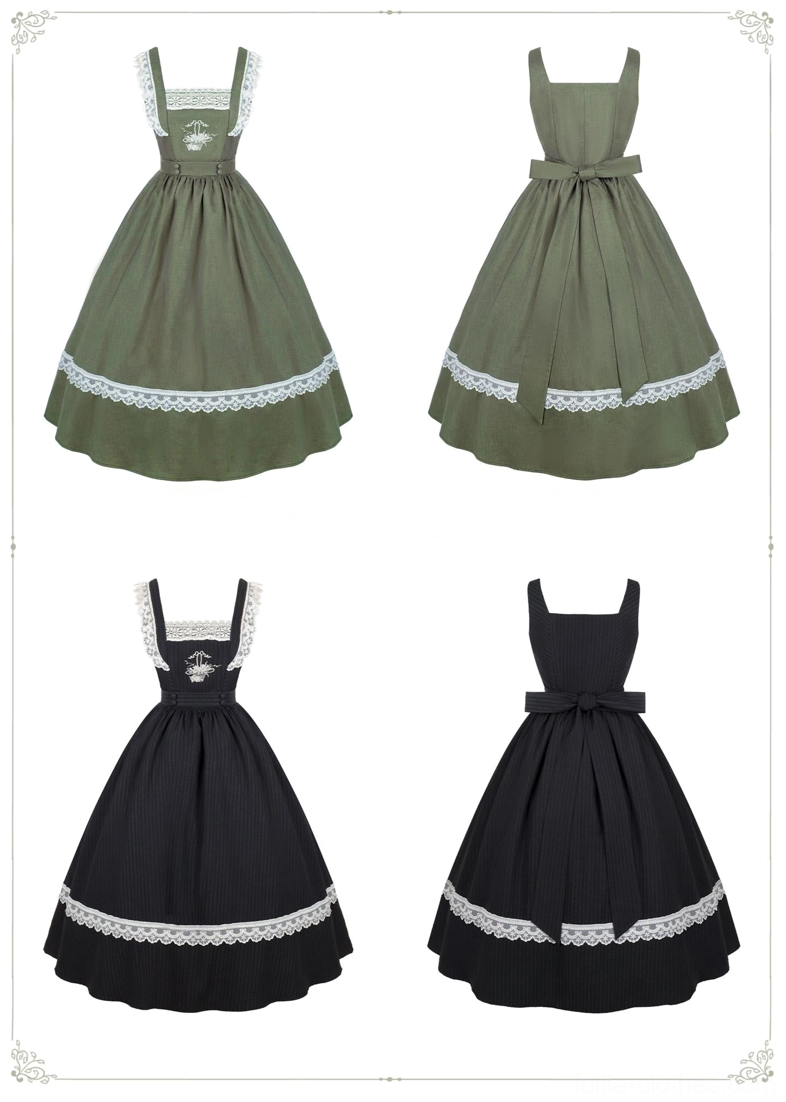 Flat lay display of sage green and black lolita JSK dresses showing fixed shoulder straps, back waist bow sash detail, white scalloped lace skirt hem, and embroidered square neckline