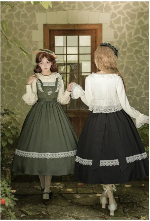 Front and back view comparison of lolita outfits showing sage green and black JSK dress designs with square neckline and lace trim, outdoor stone wall doorway setting