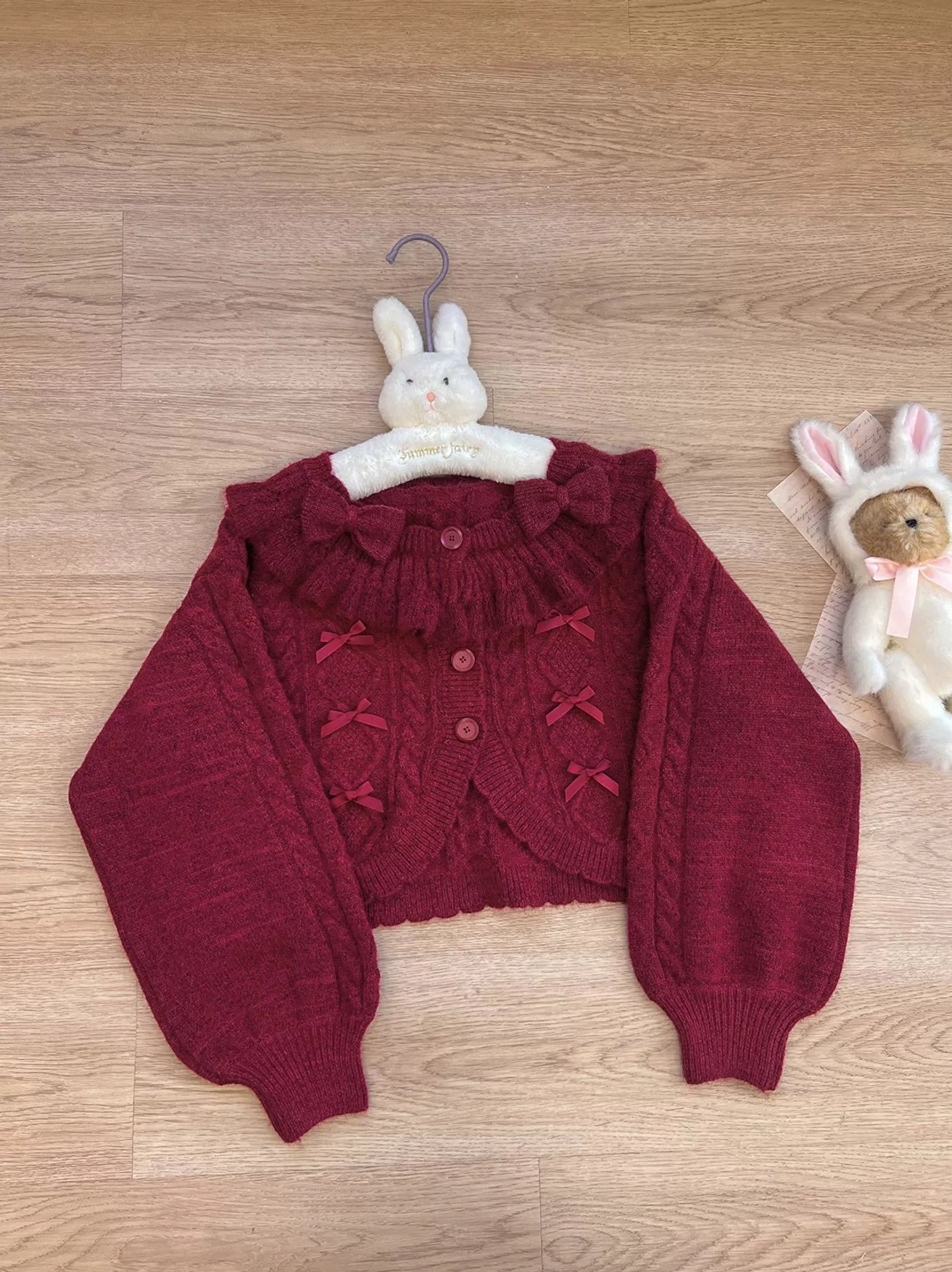 Oatmeal Lolita Ruffle Cardigan Lantern Sleeves Ruffled High Collar Classic Cable Knit Pattern Design