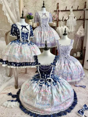Multiple Sweet Lolita dresses display carousel print and lace trims vintage boutique setting