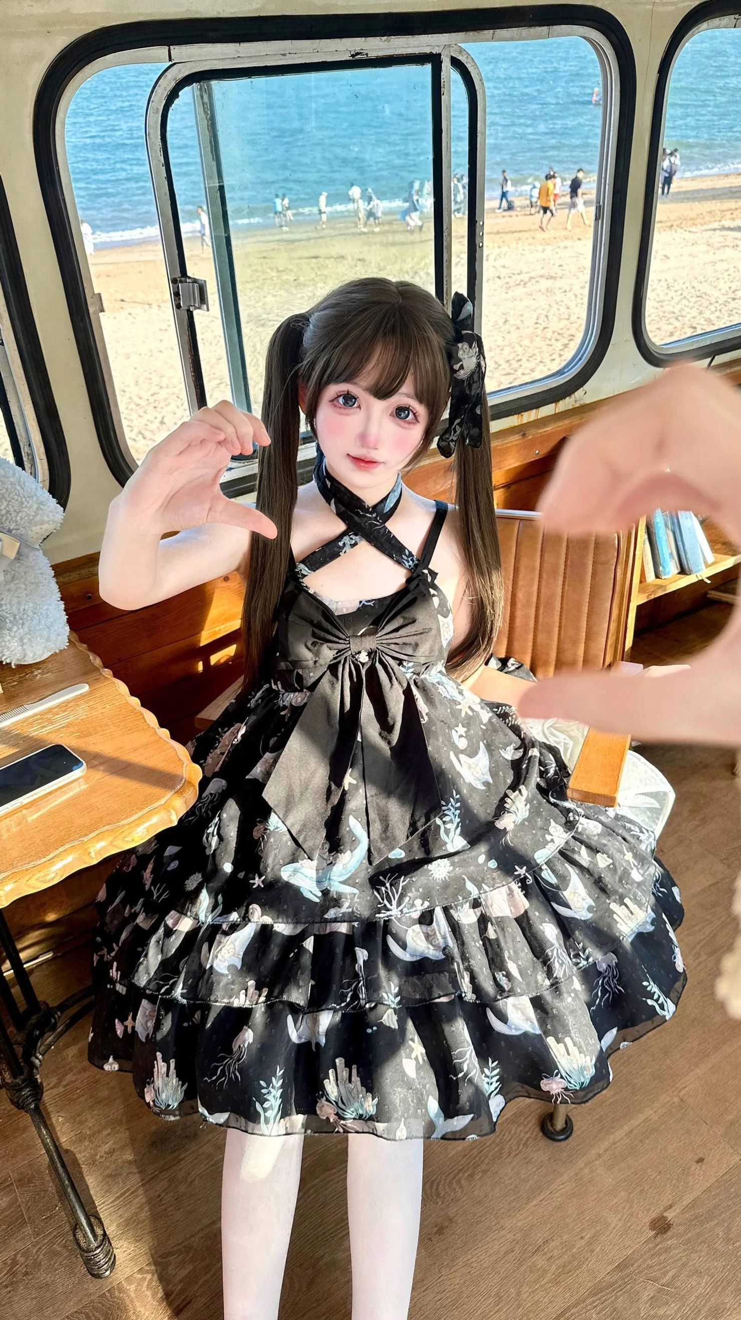 Black ocean sweetheart sweet lolita jumper skirt halter neck design vintage bus setting full body shot