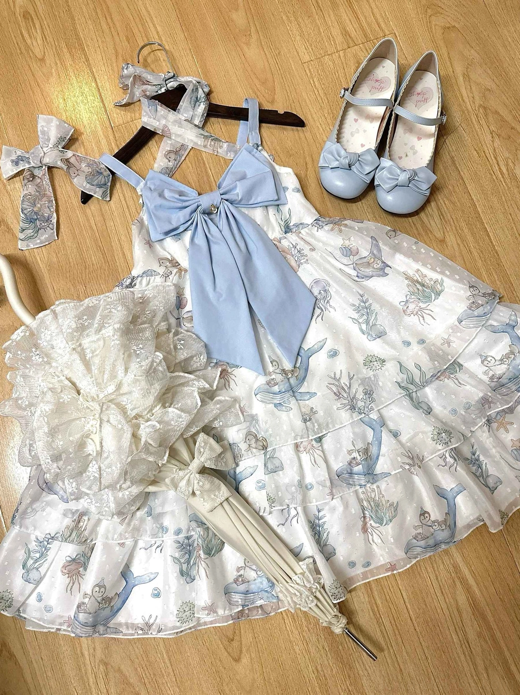 Ocean sweetheart sweet lolita jsk flat lay styling detachable halter strap matching accessories shoes parasol