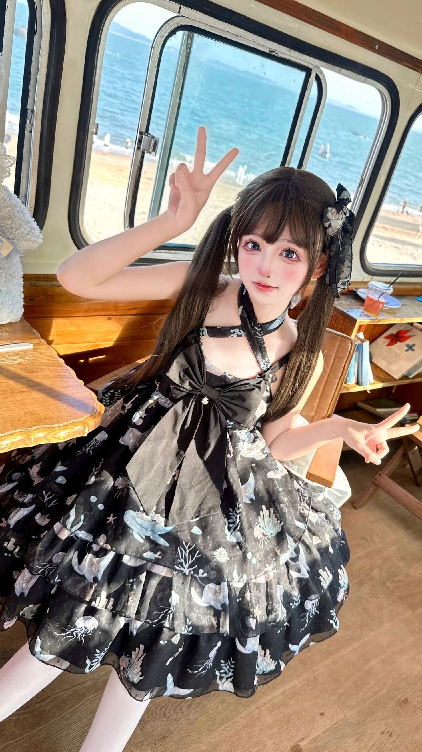 Ocean sweetheart sweet lolita jsk dress detail close-up print quality fabric texture chiffon