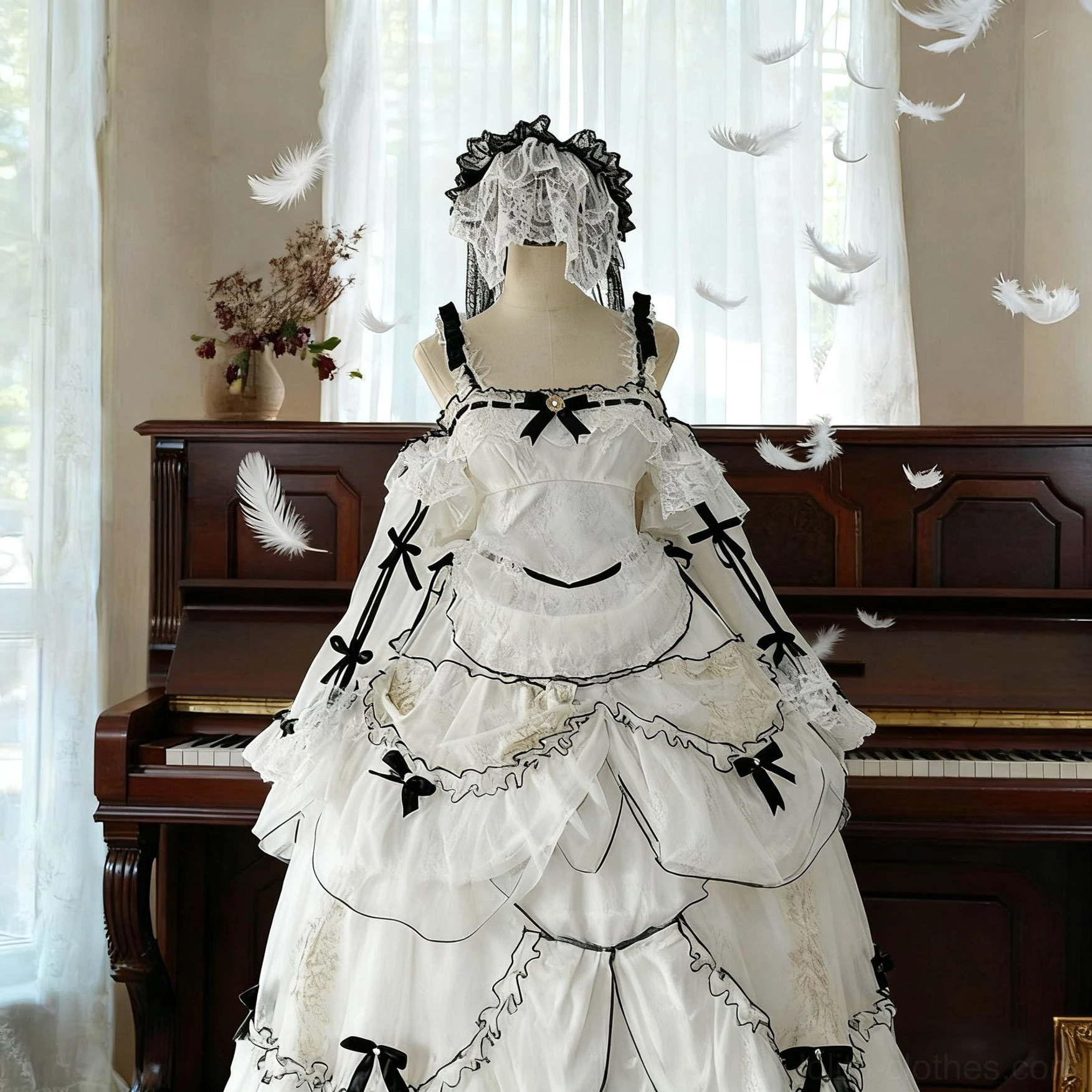 Off-shoulder sweet lolita wedding dress on mannequin with multiple black satin bows, layered ruffled tulle skirt against brown piano and white curtains with floating feather props