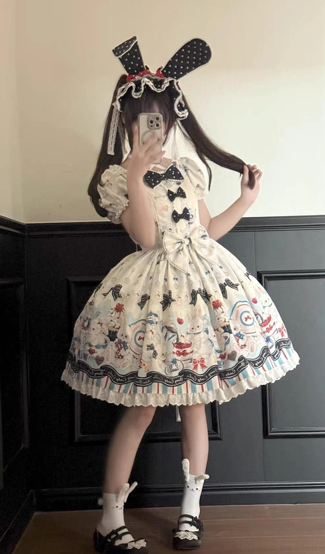 Off-white Myth Rabbit Sweet Lolita JSK dress back three-quarter view bunny ear headbow decorative bow striped lace trim