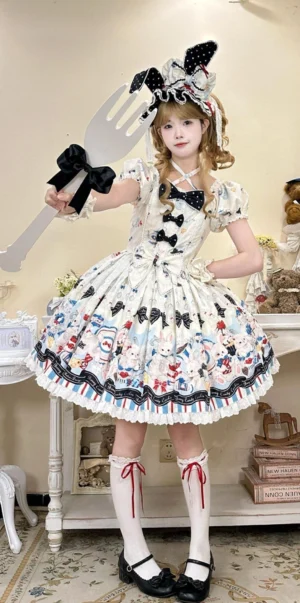 Off-white Myth Rabbit bunny print Sweet Lolita JSK dress curly blonde twin tail girl bunny ear headbow puff sleeves