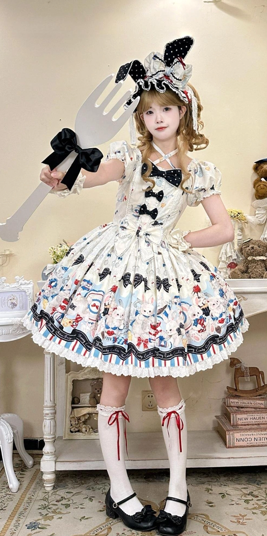 Off-white Myth Rabbit bunny print Sweet Lolita JSK dress curly blonde twin tail girl bunny ear headbow puff sleeves