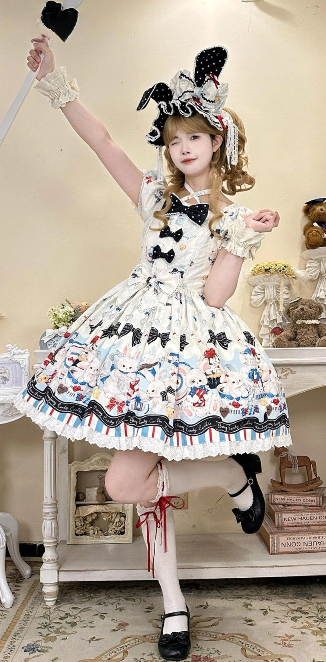 Off-white Myth Rabbit bunny print Sweet Lolita JSK dress curly blonde twin tail girl dynamic pose lifted leg bunny headbow