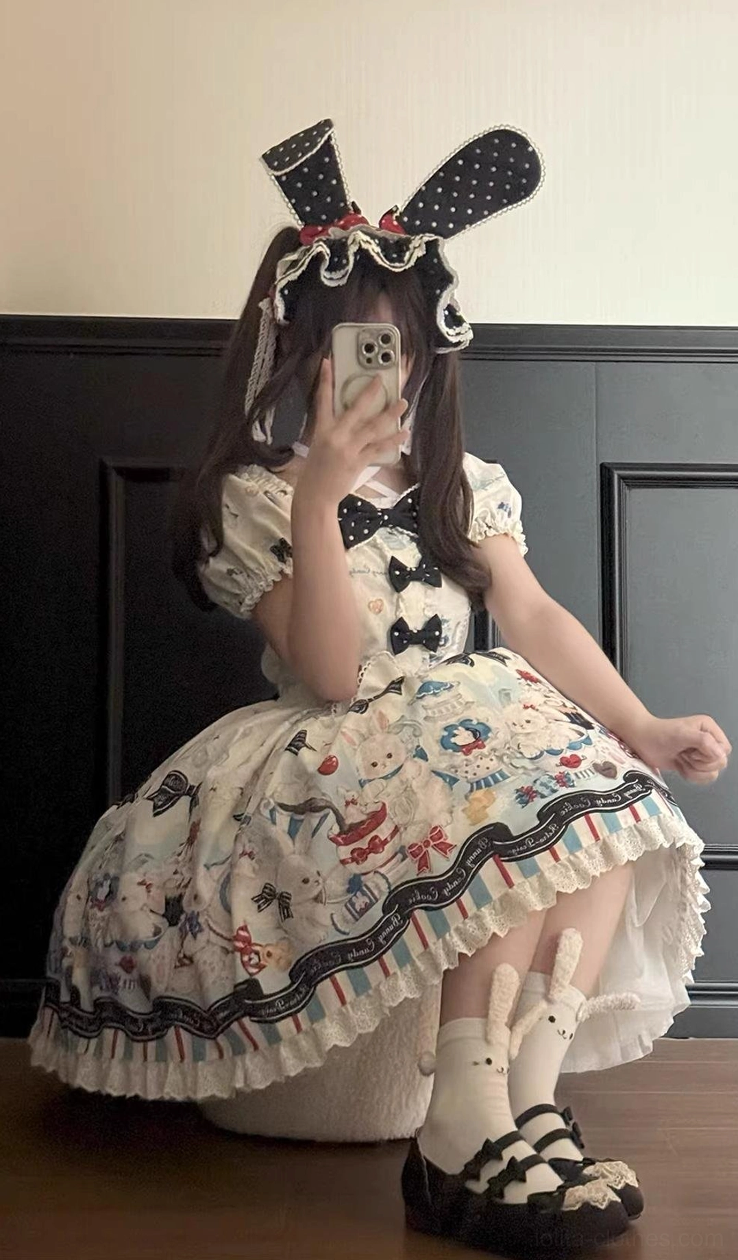 Off-white Myth Rabbit bunny print Sweet Lolita JSK dress low-angle shot long black hair bunny headbow strappy sandals socks