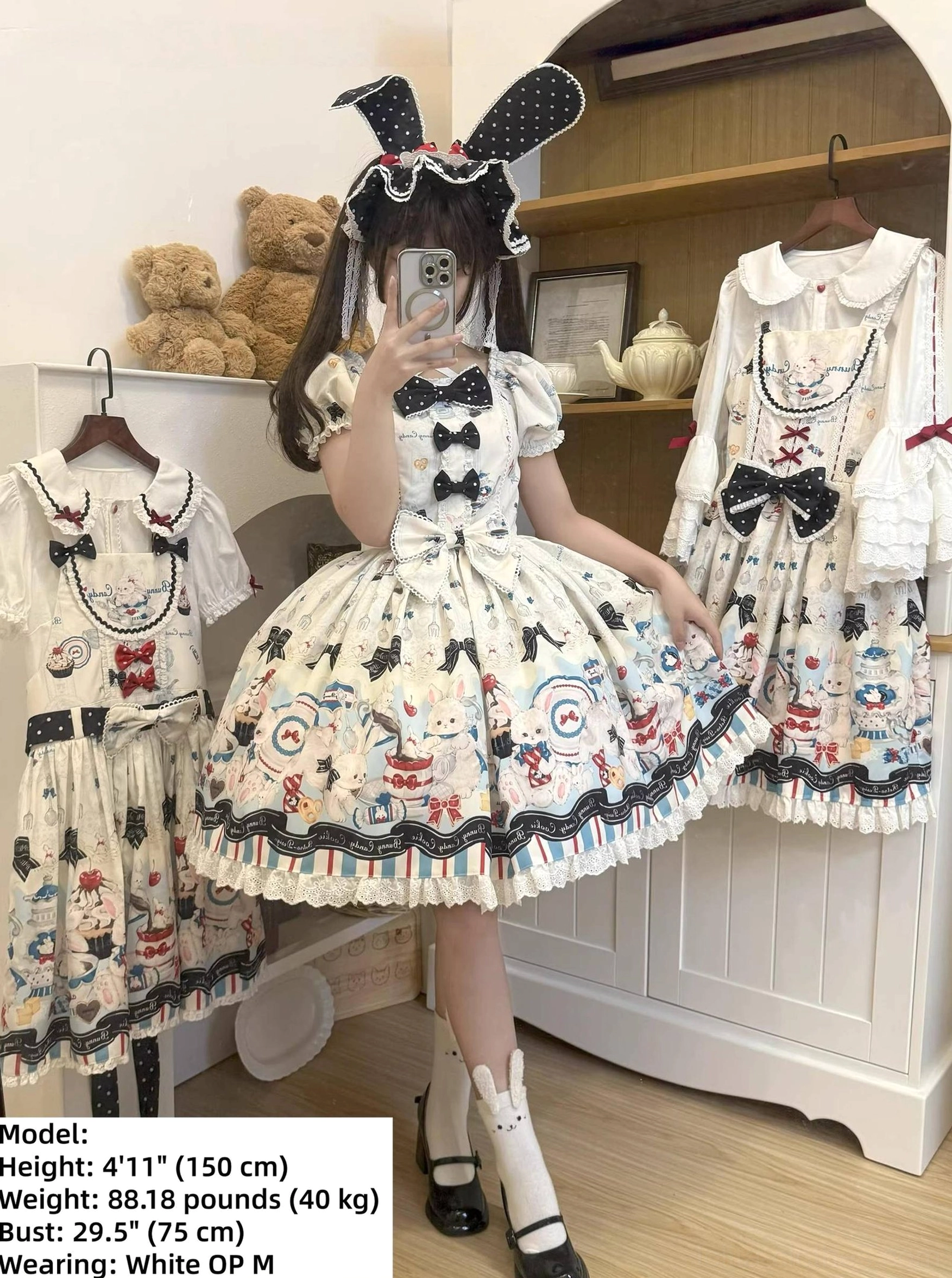 Off-white Myth Rabbit Tea Party Sweet Lolita JSK OP dress set model reference black curly twin hair puff sleeves display